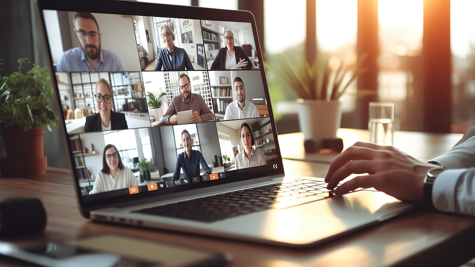Virtual Meeting Video Conference. Team working by group video call share ideas brainstorming negotiating use video conference, pc screen view multi ethnic young people.